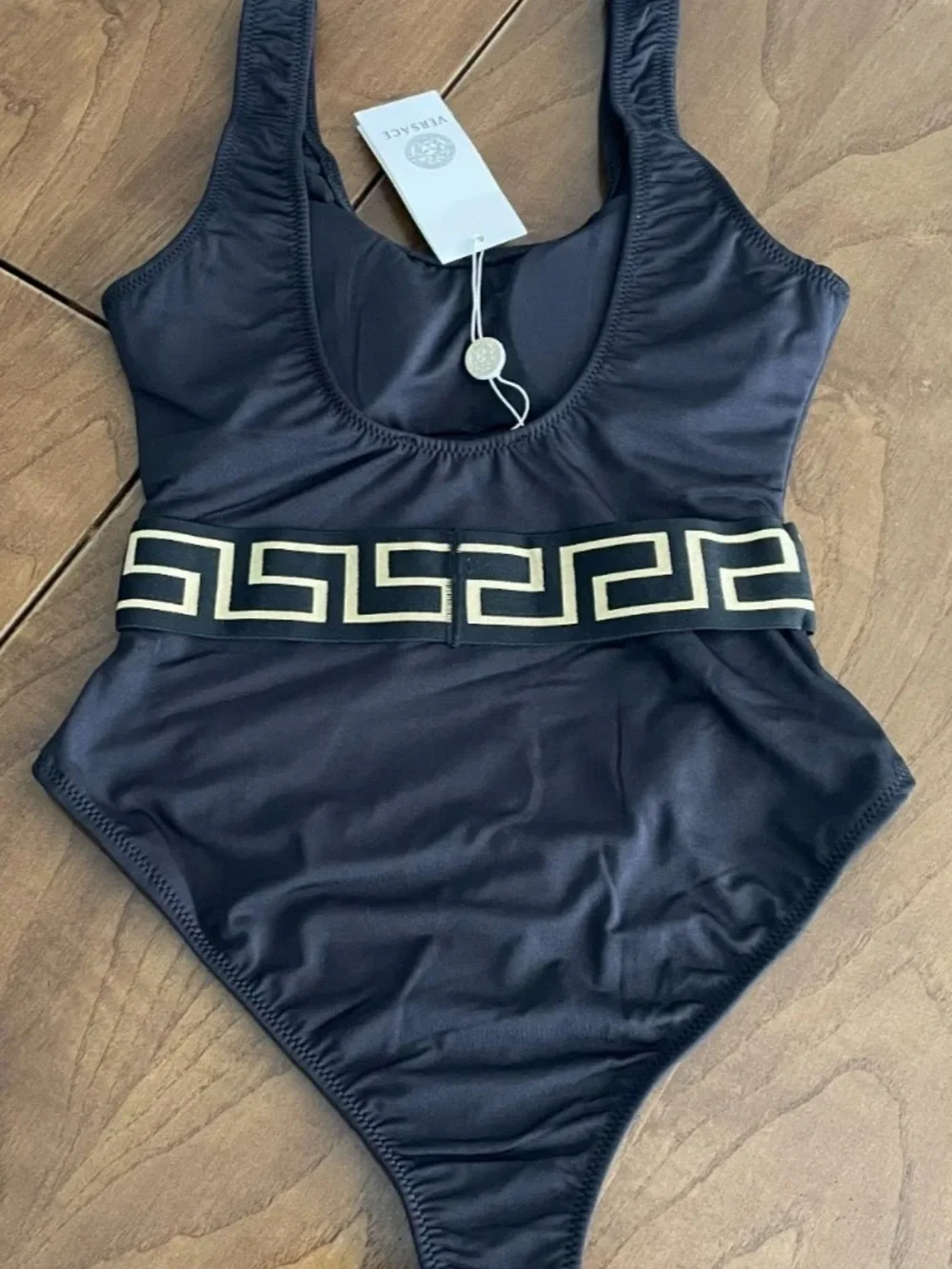 NWT Versace XL Black One-Piece Swimsuit with Gold Medallion Waistband